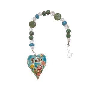 Artisan Upcycled Beaded Suncatcher Hand Painted Ceramic Heart Breathe Floral NEW